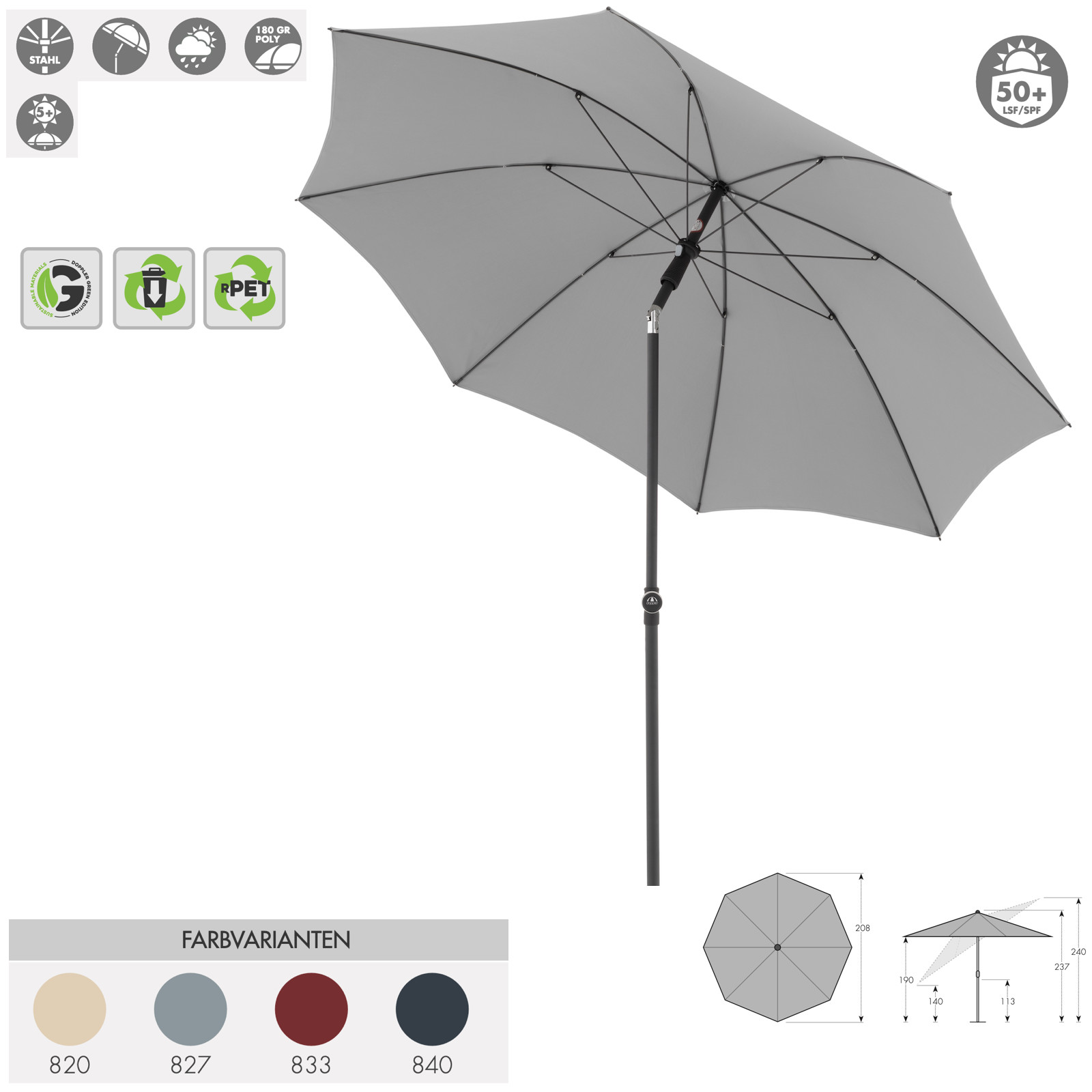 Doppler ACTIVE Green Edition 210 cm Sonnenschirm rund in 4 Farbvarianten Mittelmastschirm Balkonschirm