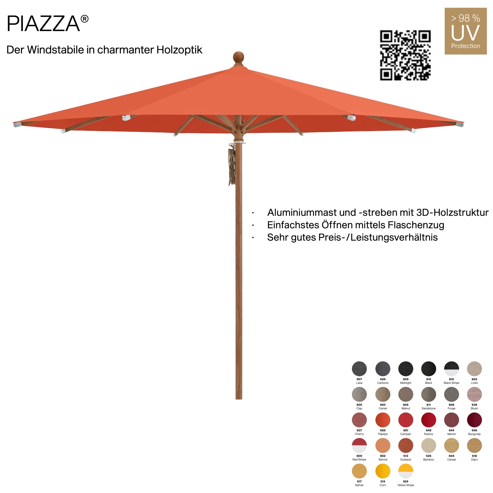 GLATZ Sonnenschirm PIAZZA rund 300 cm Mittelmastschirm 100 % Polyacryl 27 Farbvarianten