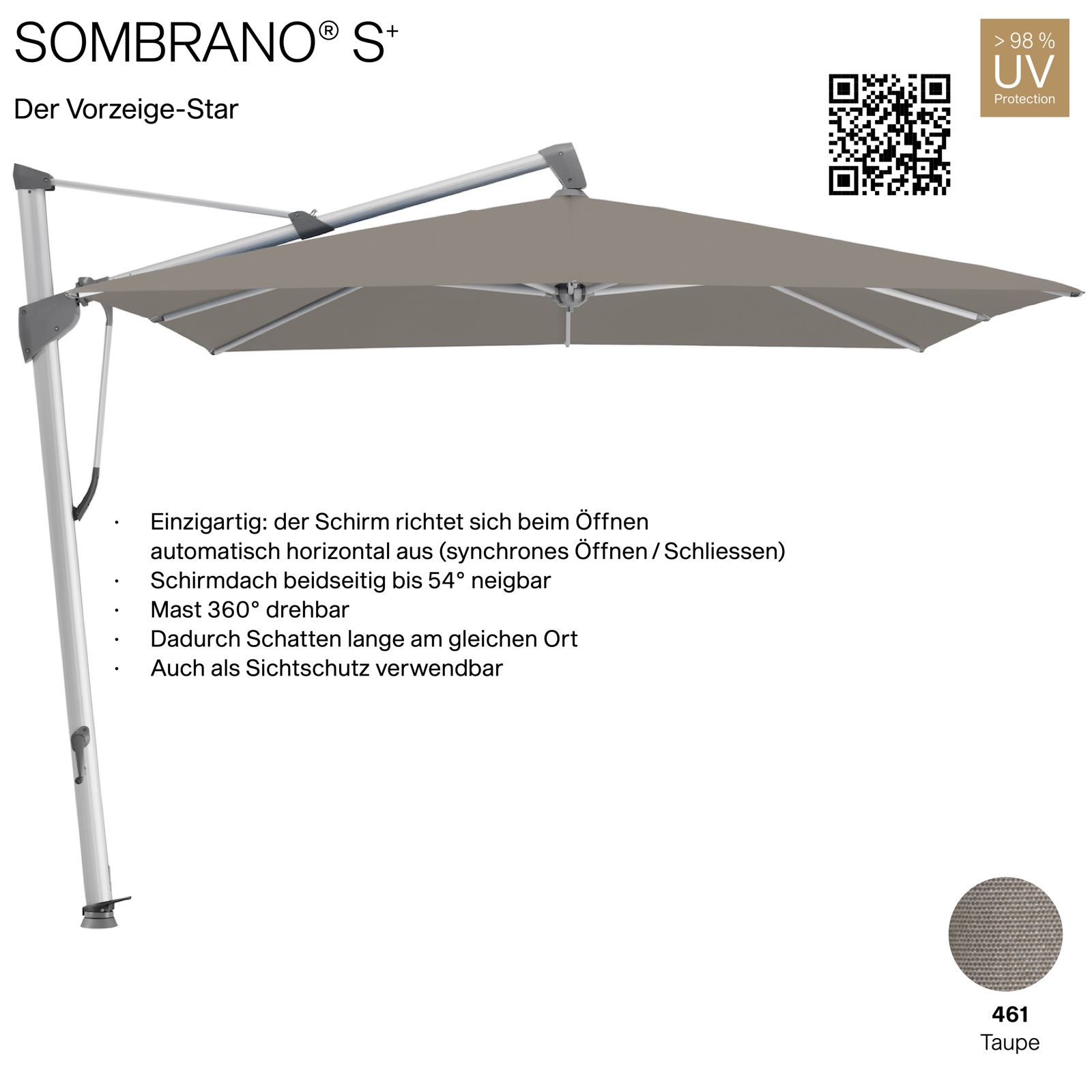 GLATZ Ampelschirm SOMBRANO® S+ quadratisch 350 x 350 cm Freiarmschirm Farbe 461 Taupe