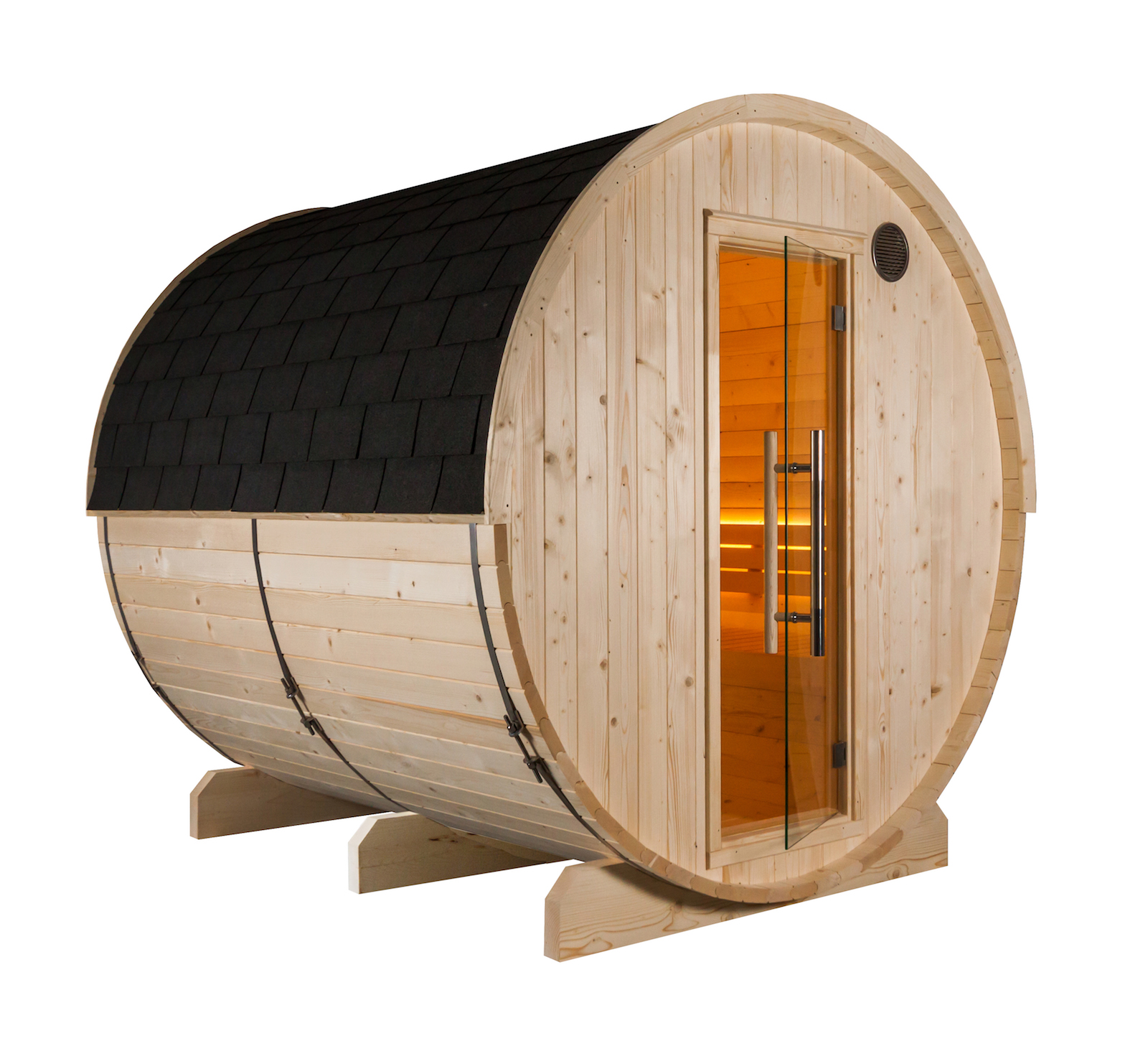 Harvia Kuusi 220 Fasssauna aus Fichte Gartensauna mit Dacheindeckung Ø 220 x 220 cm