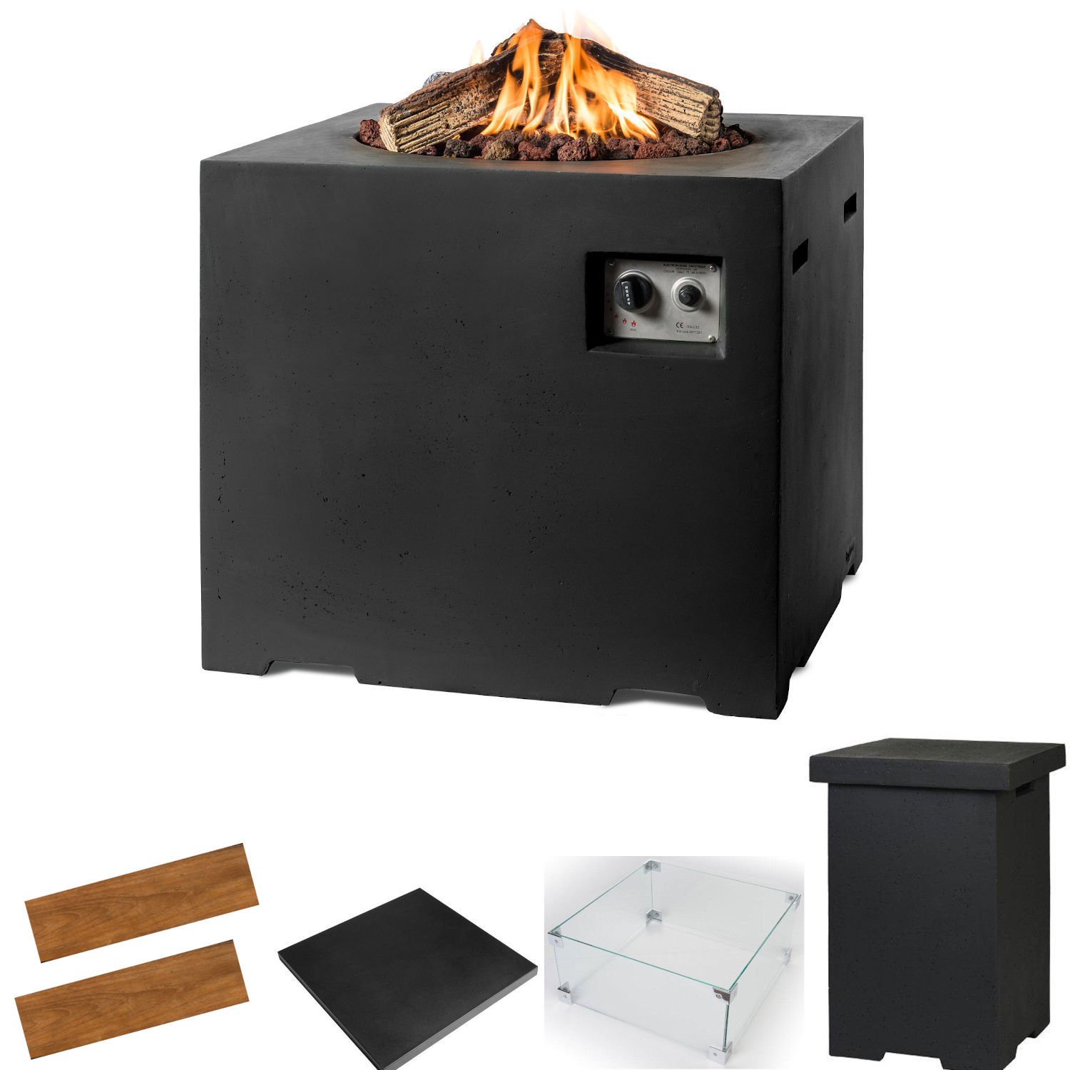Happy Cocooning Mania Feuertisch Lounge&Dining Komplettset 19,5 kW quadratisch 76x76x67 cm Beton-Optik schwarz