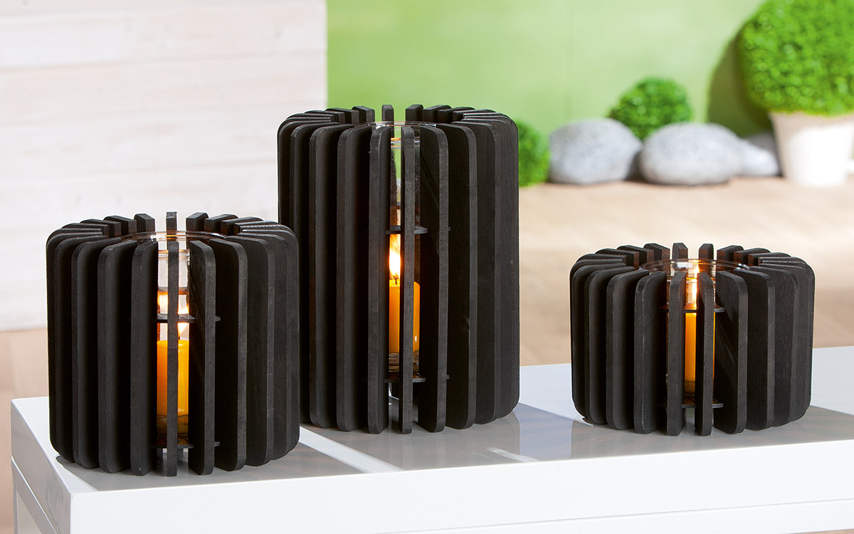 GILDE Windlicht, zylindrisch, "Venta", Holz, schwarz, VE 3, H. 13 cm, D. 20 cm