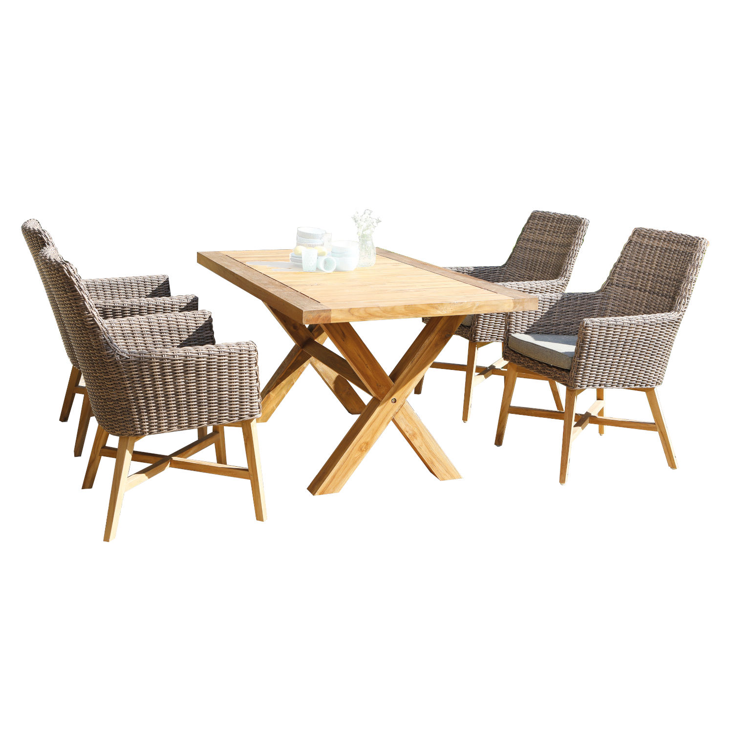 Sonnenpartner 5-teilige Sitzgruppe Helios & Stanford 160x90 cm Aluminium/Teakholz mit Polyrattan rustic-stream Gartenstuhl