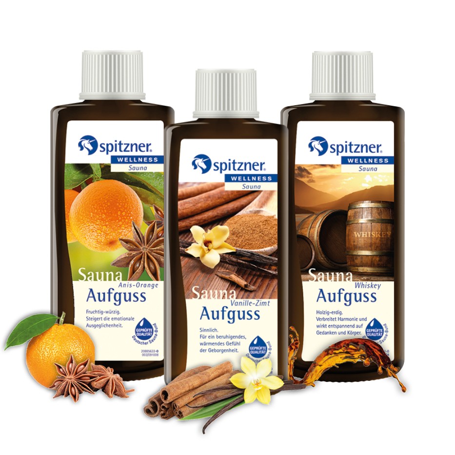 Spitzner Saunaaufguss Set Wohlig & Gemütlich 3x 190 ml Anis-Orange, Vanille-Zimt, Whiskey