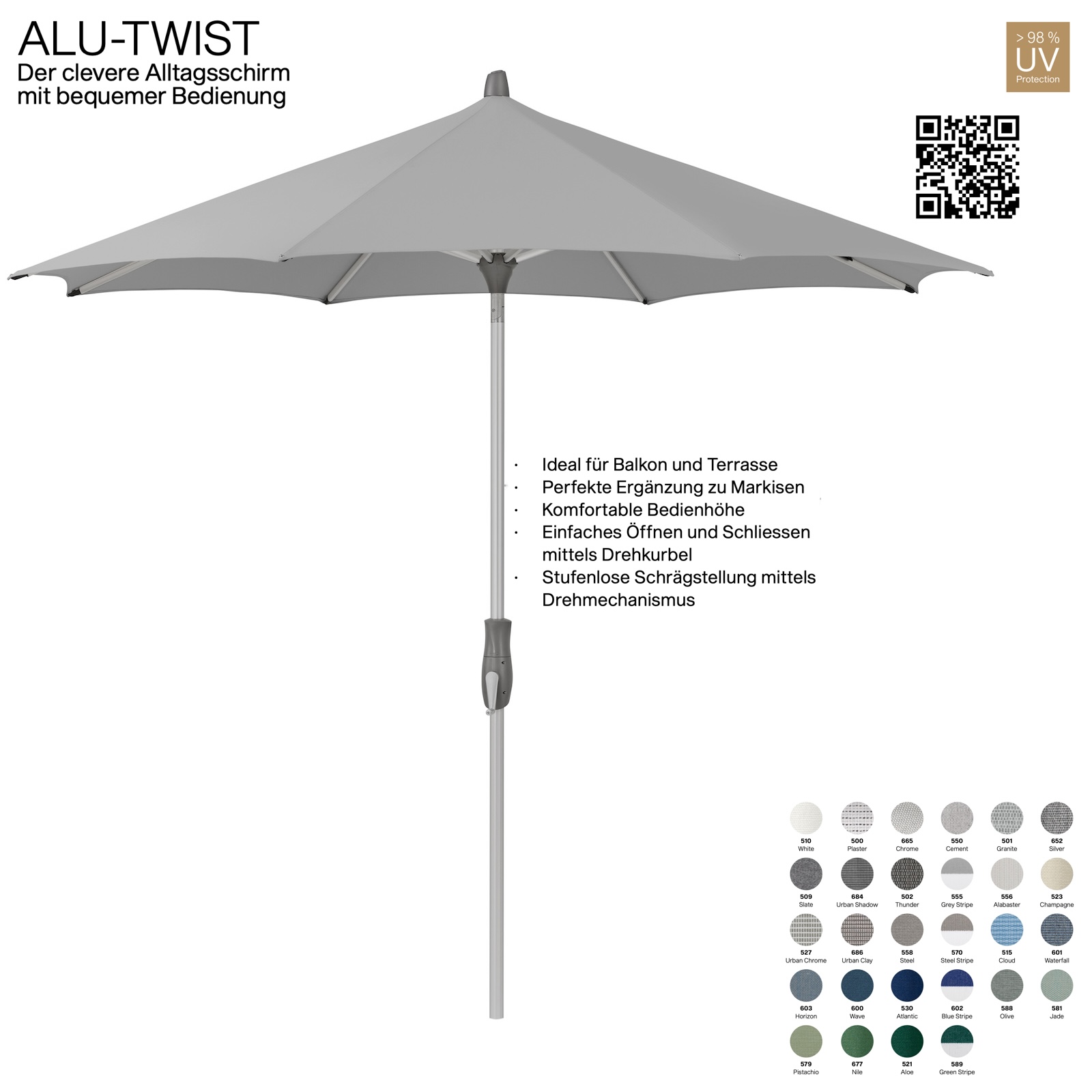 GLATZ Sonnenschirm ALU-TWIST rund ø 300 cm Gestell natureloxiert Stoff 100 % Polyacryl verschiedene Farben