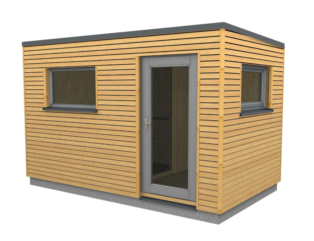 Infraworld Luna 2 Außensauna mit Lärche-Fassadenprofile versch. Fenstergrößen und Inneneinrichtung