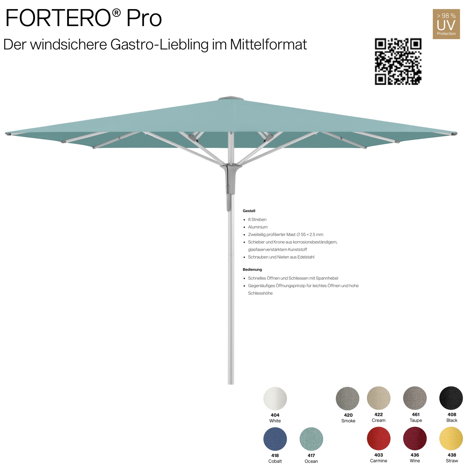 GLATZ Sonnenschirm FORTERO® Pro quadratisch 350 x 350 cm Mittelmastschirm in 10 Farbvarianten