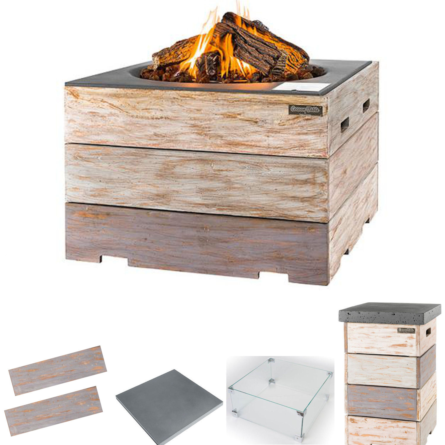 Happy Cocooning Mania Feuertisch Komplettset 19,5 kW quadratisch groß 76x76x46 cm Teakholz Nice&Nasty/grau