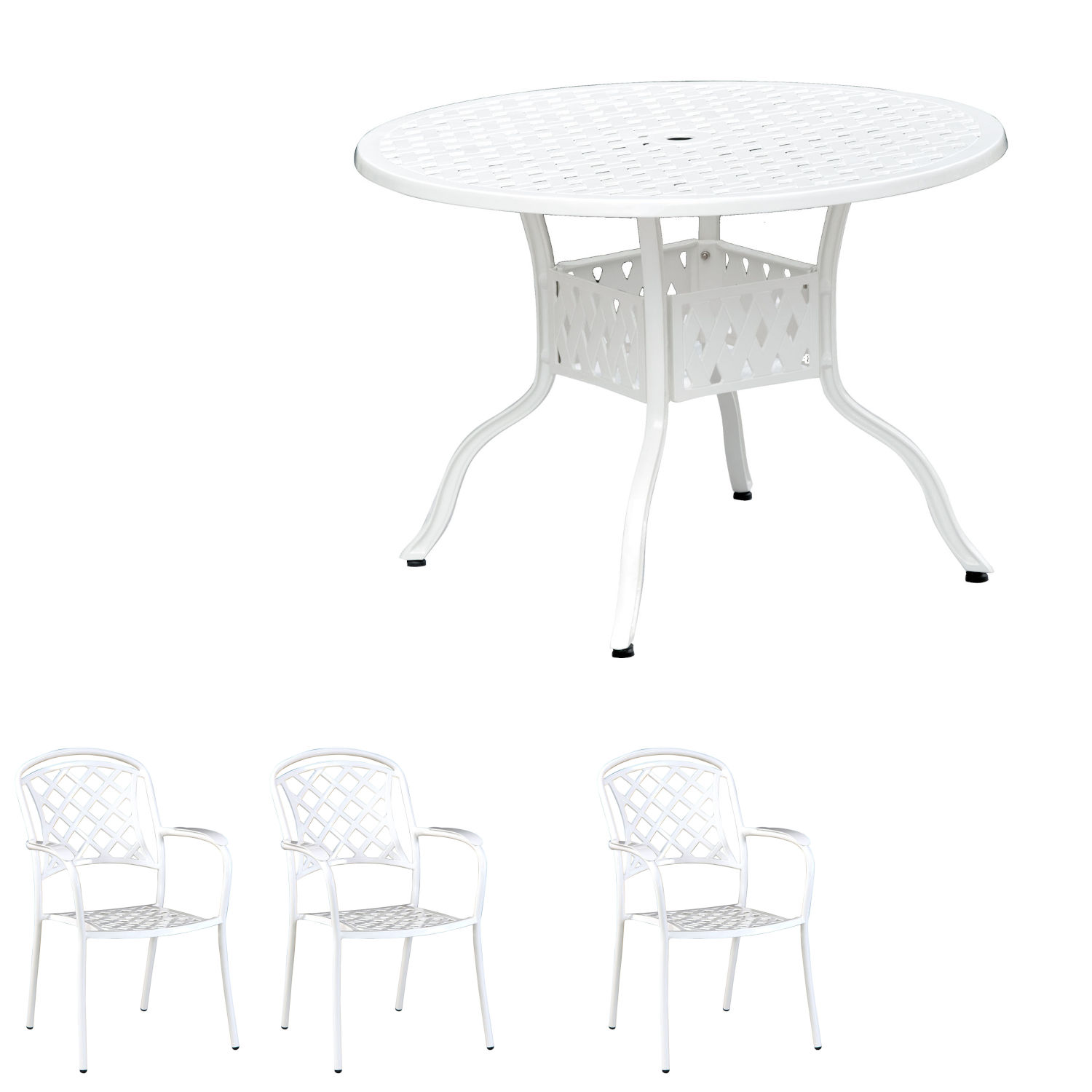 Inko 4-teilige Sitzgruppe Aluminium Guss weiß Tisch Ø 106 cm mit 3 Sesseln