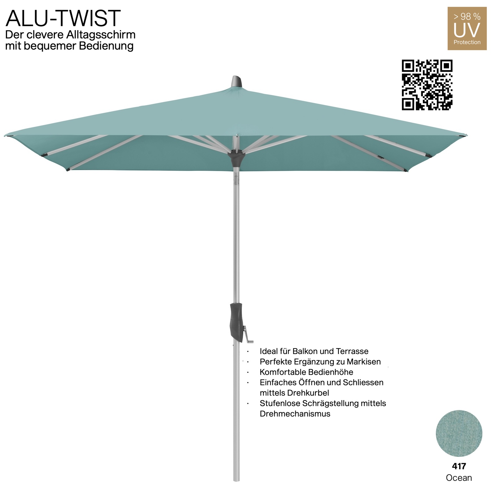 GLATZ Sonnenschirm ALU-TWIST rechteckig 250 x 200 cm Stoffqualität 4 Farbe 417 Ocean Mittelstock