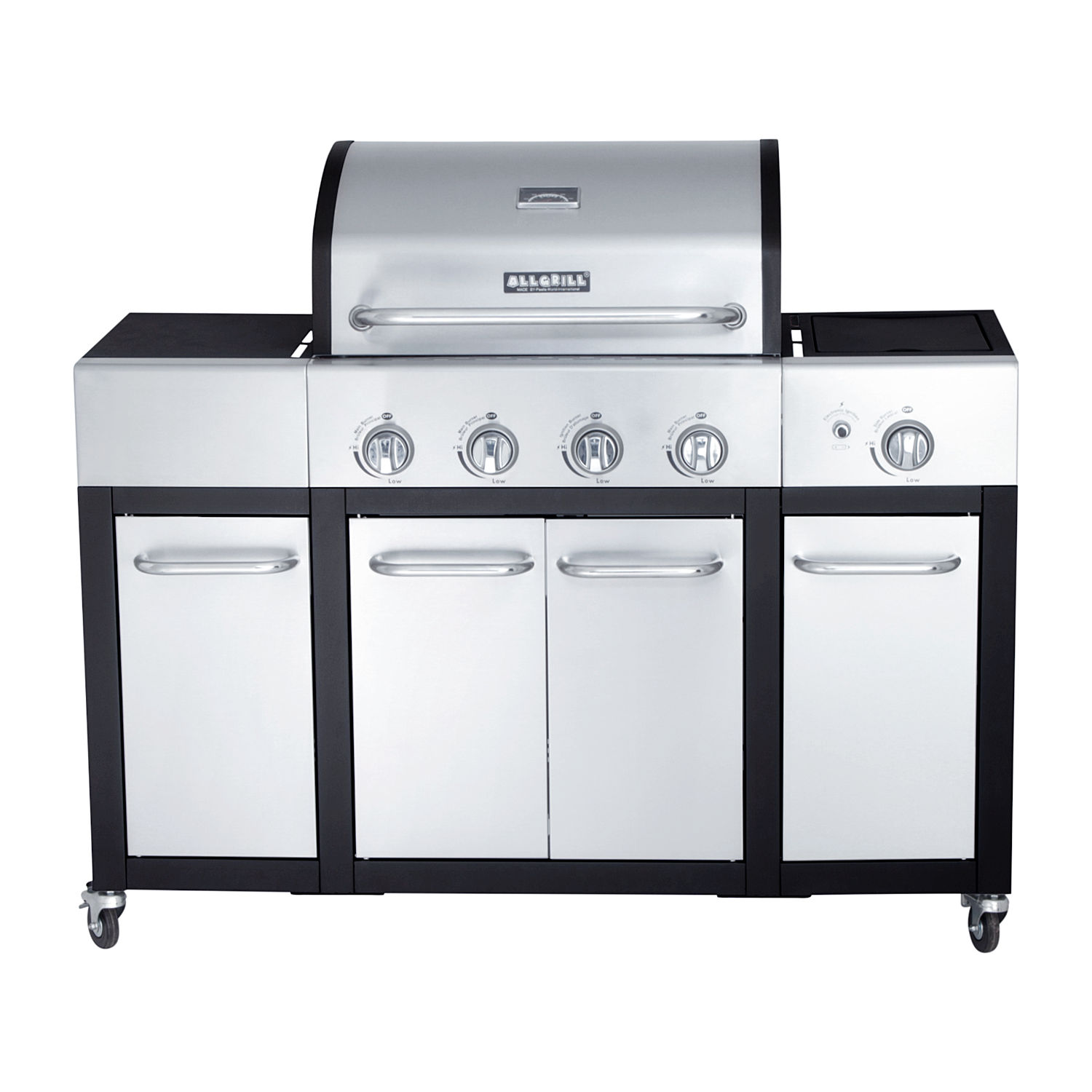 Allgrill Basic-Line Major Edelstahl/schwarz Gasgrill mit 4 Brennern, Seitenkocher und Seitentischen