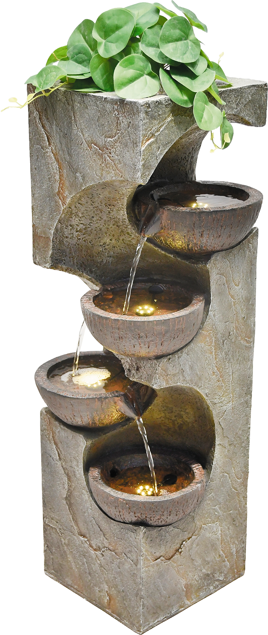Granimex Joy Polystone 4-Eck-Wassersäule mit Überlaufschalen inkl. Pumpe und LED-Beleuchtung Wasserspiel 92x33x31 cm