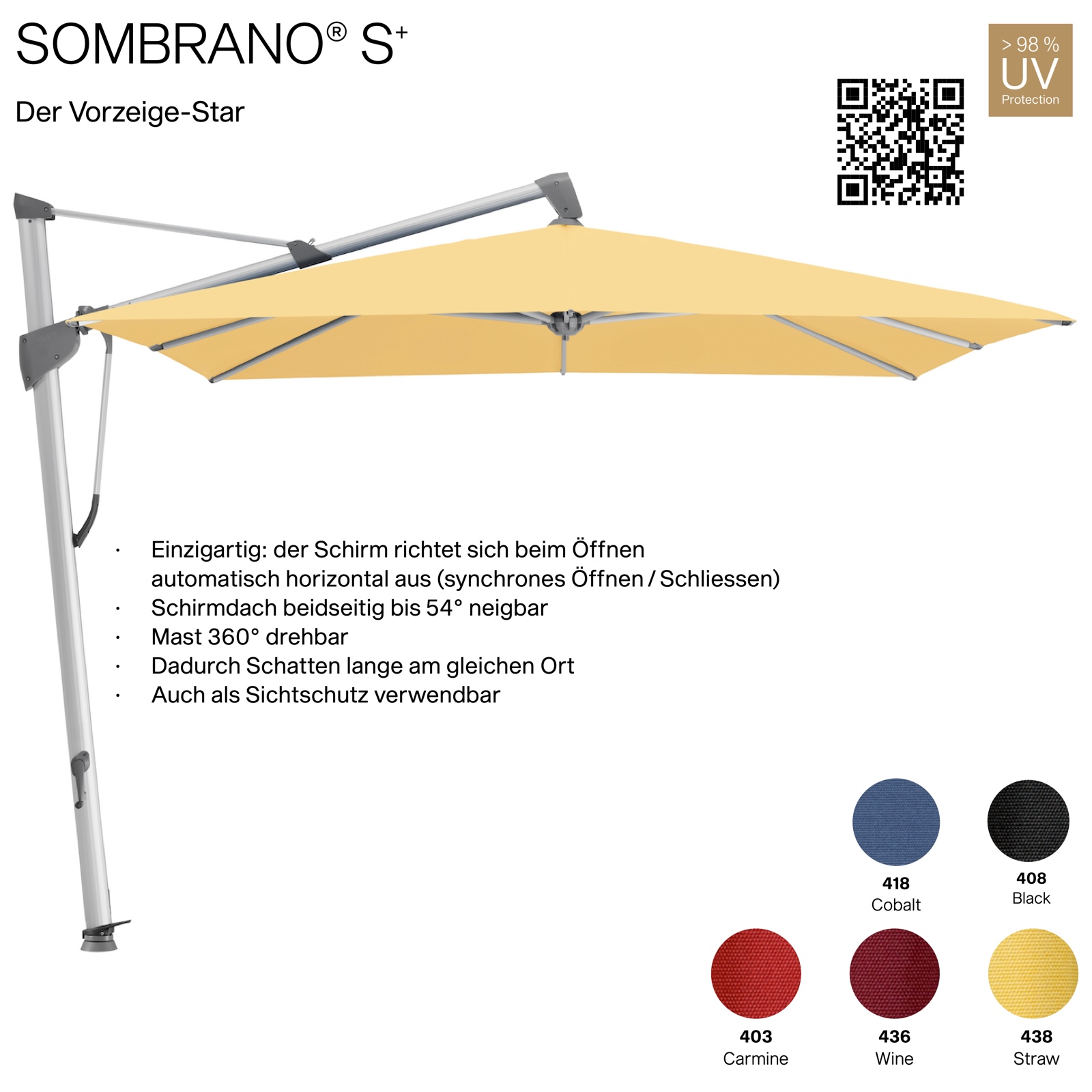 GLATZ Ampelschirm SOMBRANO® S+ quadratisch 300 x 300 cm Freiarmschirm in 5 Farben