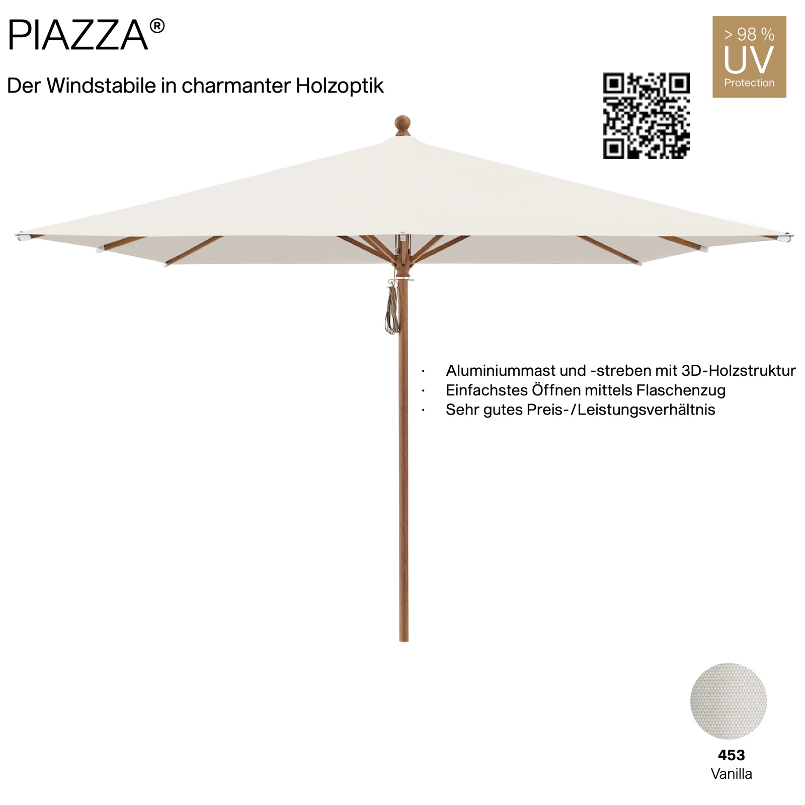 GLATZ Sonnenschirm PIAZZA quadratisch 250 x 250 cm Mittelmastschirm Stoffqualität 4 Farbe 453 Vanilla