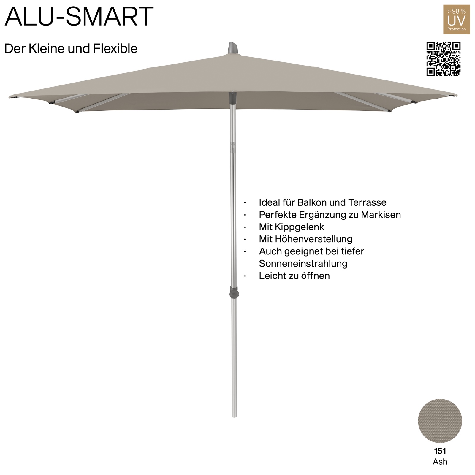GLATZ Sonnenschirm ALU-SMART quadratisch 240 x 240 cm Gestell natureloxiert Farbe 151 Ash Mittelstock