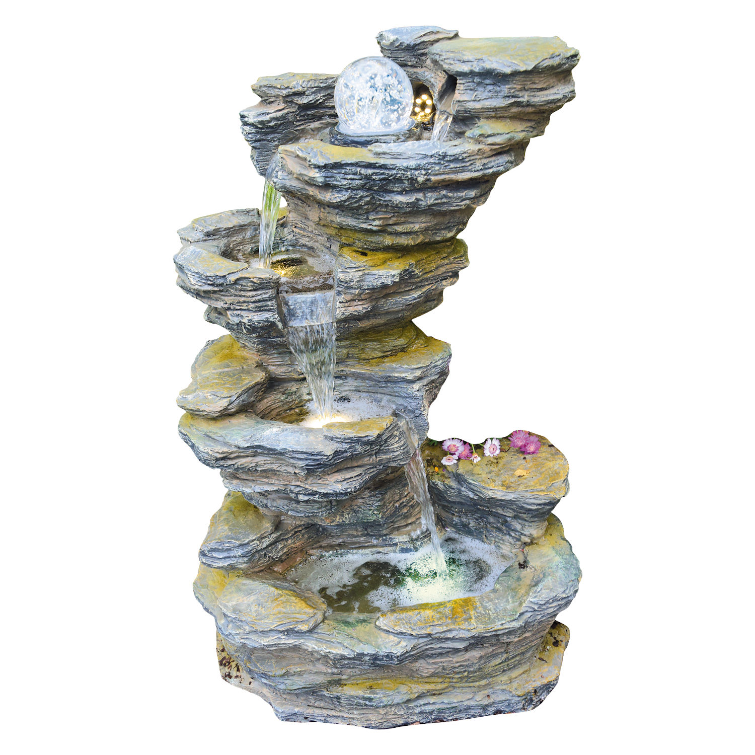Granimex Fudong Polystone Schiefer-Wasserfall mit Glaskugel und LED Zierbrunnen Wasserspiel 86x54x42 cm