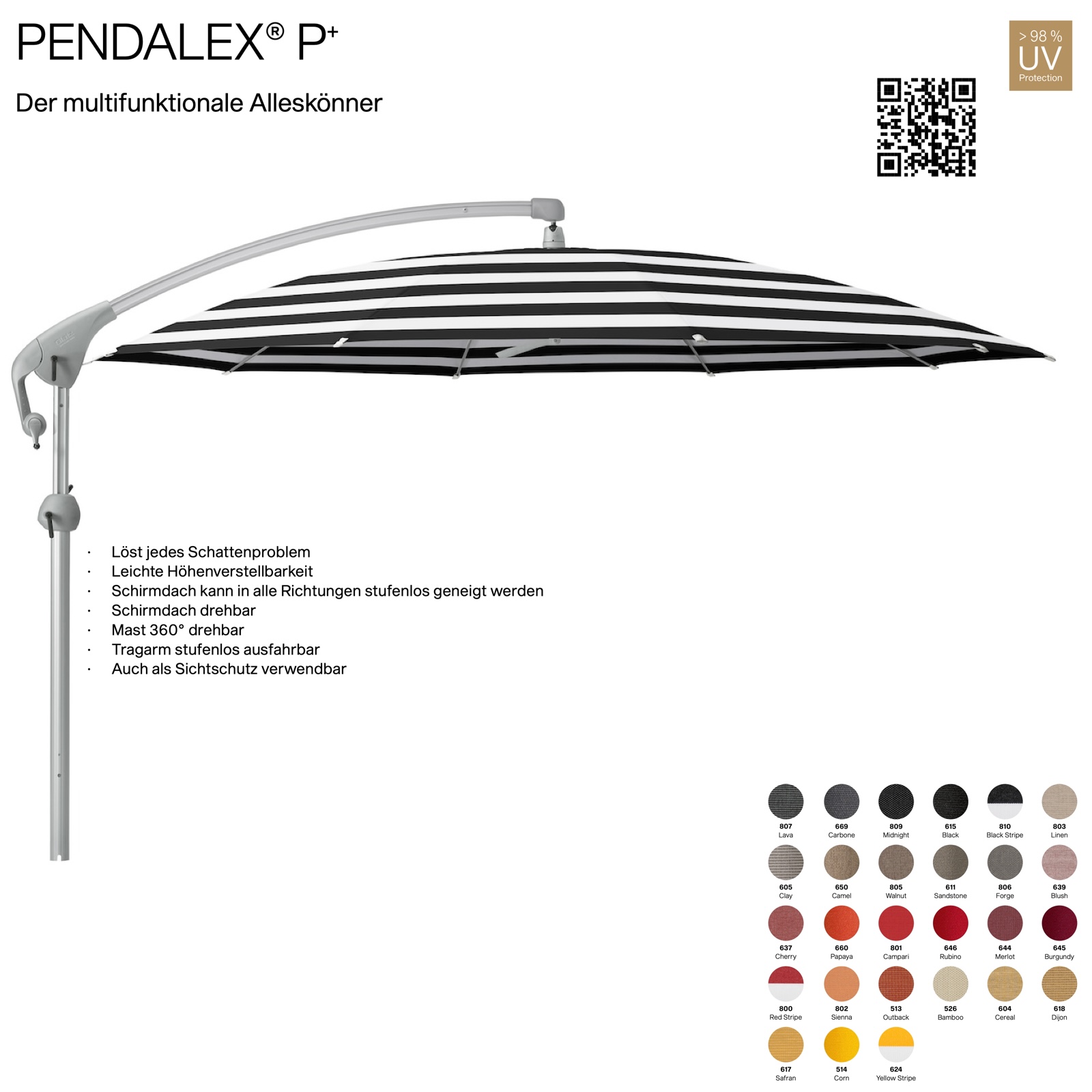GLATZ Sonnenschirm PENDALEX® P+ rund ø 350 cm Stoffklasse 5 in 27 Farben wählbar Seitenmast