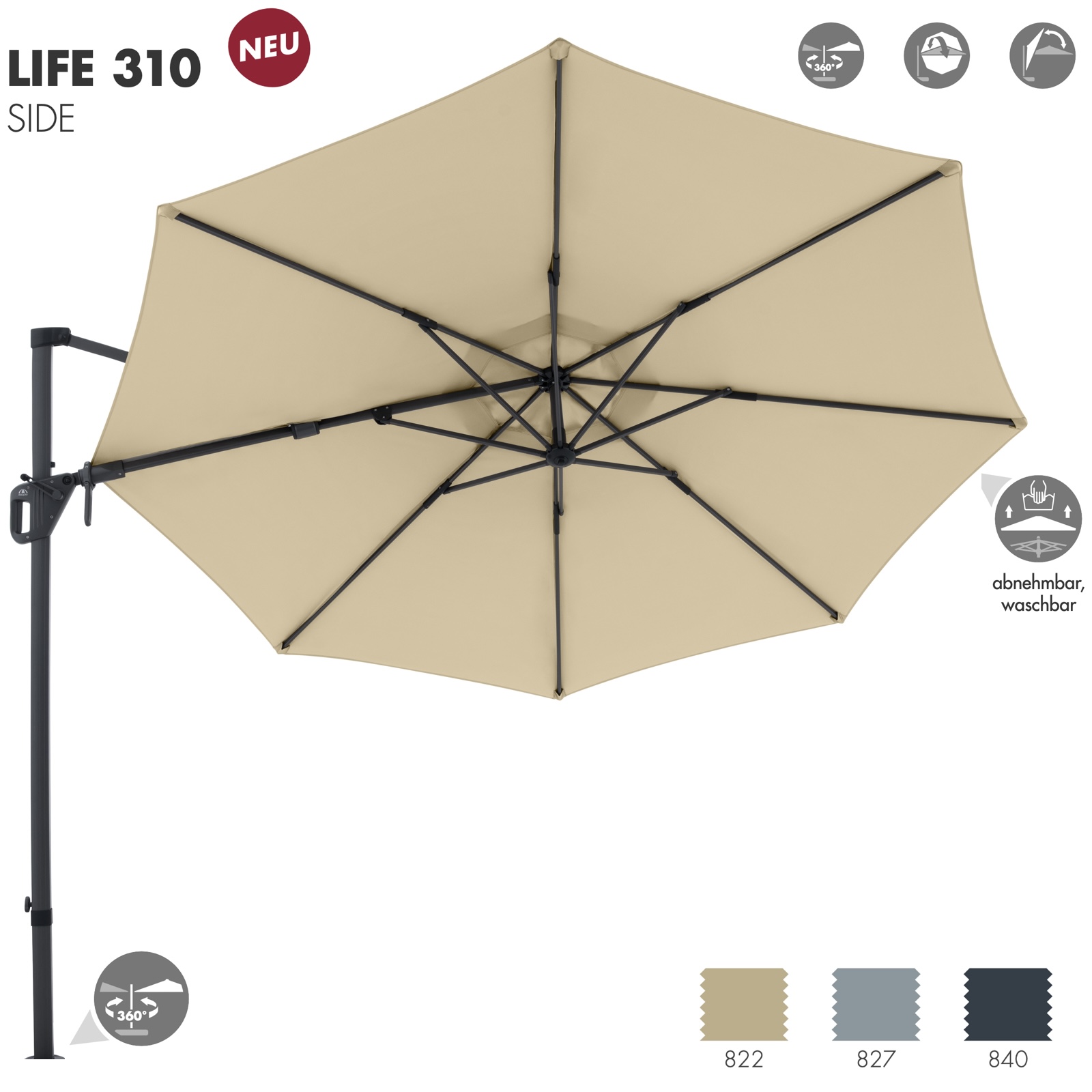 Doppler LIFE Side ø 310 cm rund Pendelschirm Sonnenschirm Ampelschirm in 3 Farben