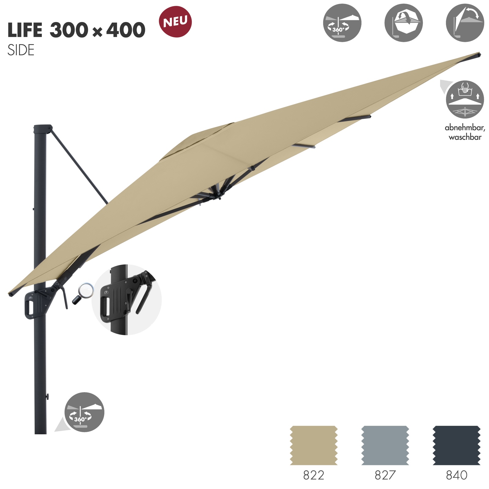 Doppler LIFE Side 300 x 400 cm Pendelschirm Sonnenschirm Ampelschirm in 3 Farben