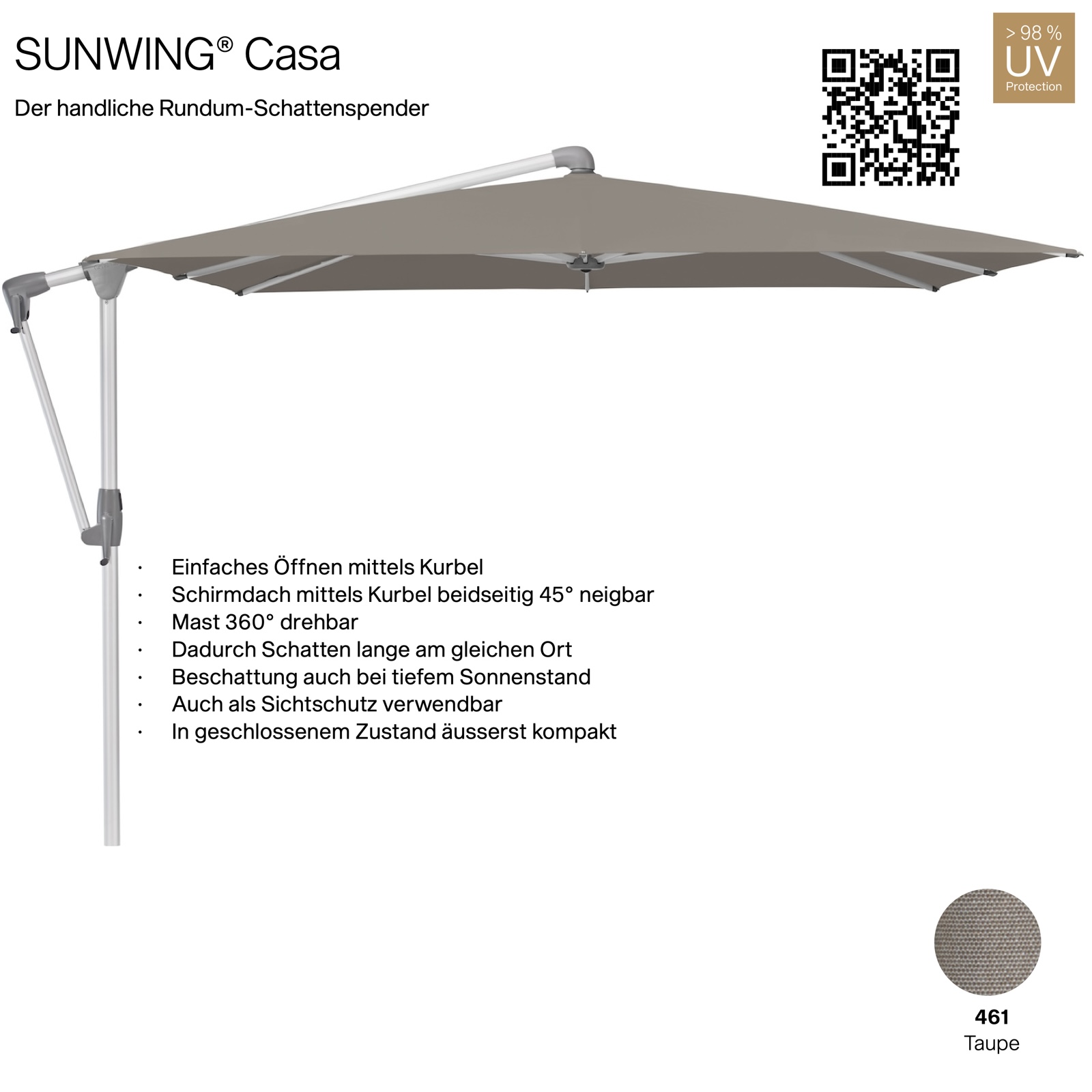 GLATZ Sonnenschirm SUNWING® CASA quadratisch 270 x 270 cm Gestell natureloxiert Farbe 461 Taupe Ampelschirm