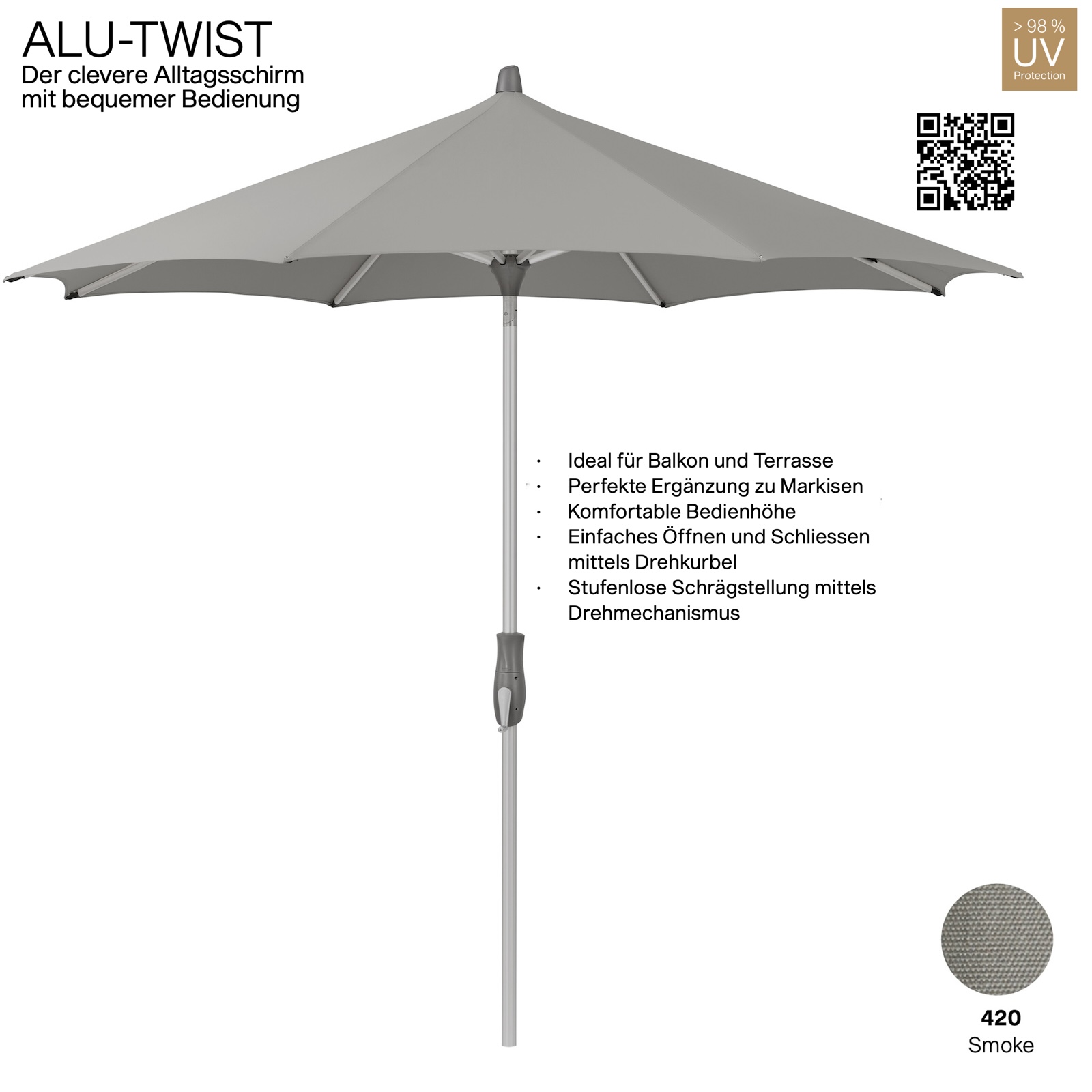 GLATZ Sonnenschirm ALU-TWIST rund ø 300 cm Stoffqualität 4 Farbe 420 Smoke Mittelstock
