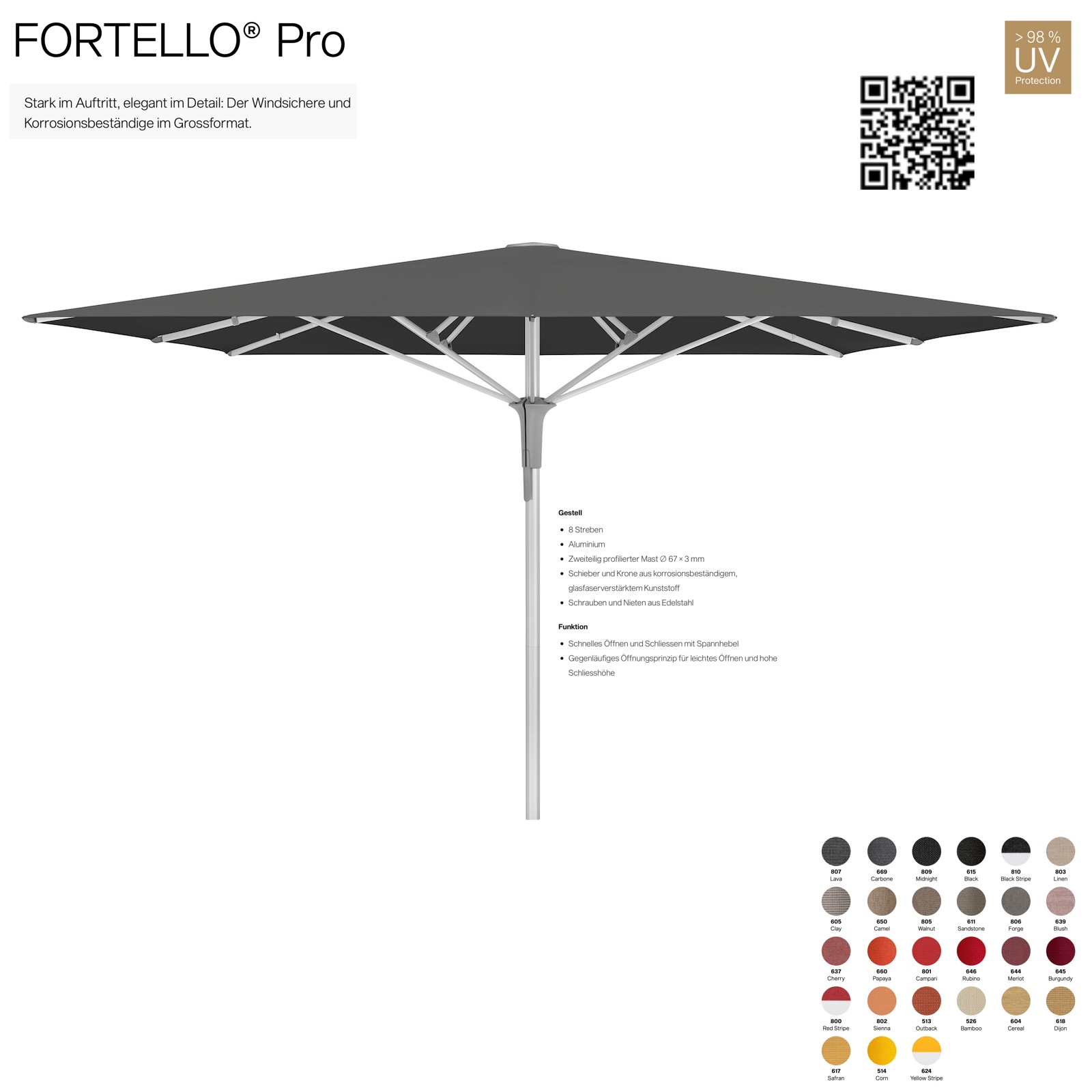 GLATZ Sonnenschirm FORTELLO® Pro quadratisch 400 x 400 cm Mittelmastschirm in 27 Farben