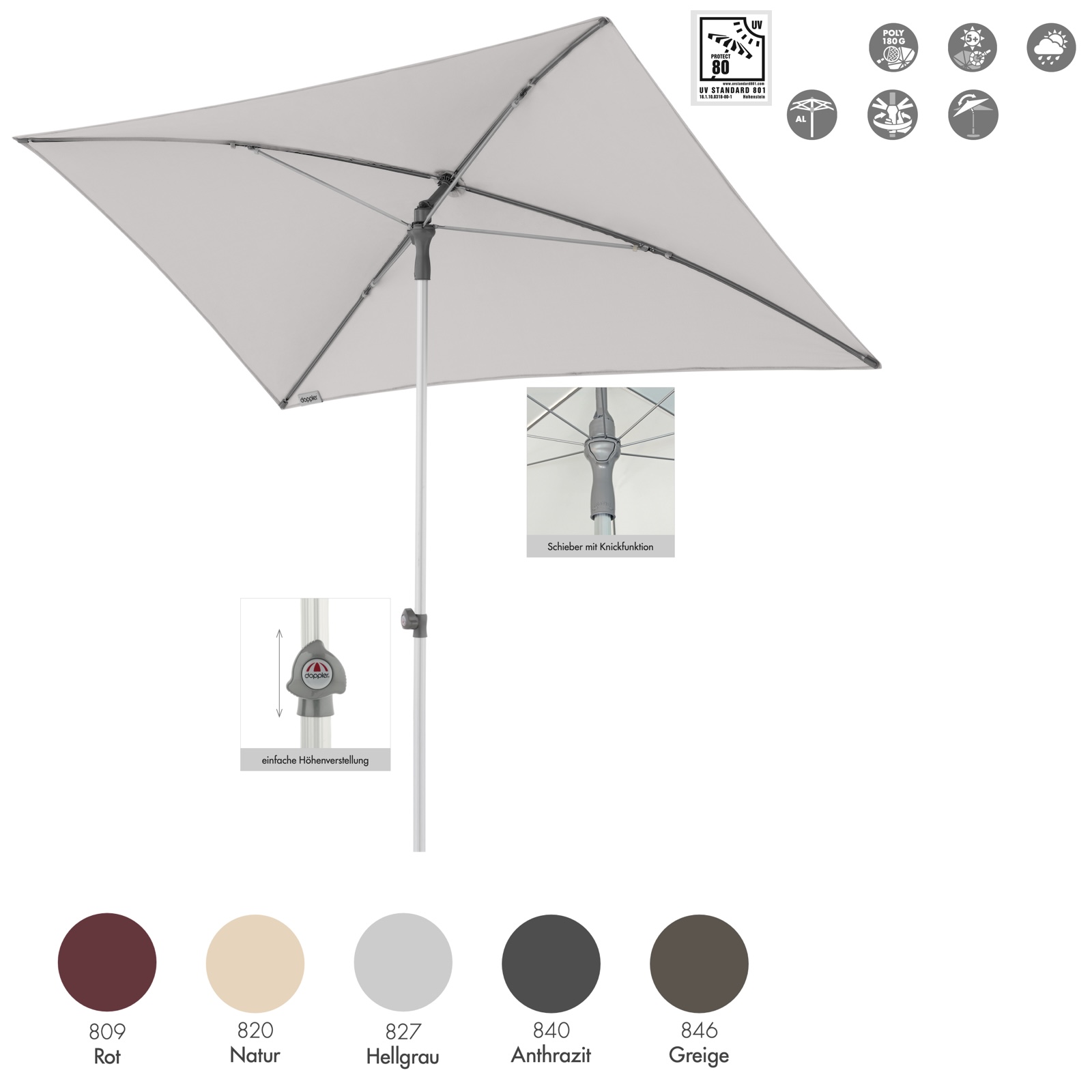 Doppler ACT 225 x 120 RO-TILT Sonnenschirm 225 x 120 cm Mittelmastschirm Mittelstock 5 Farbvarianten