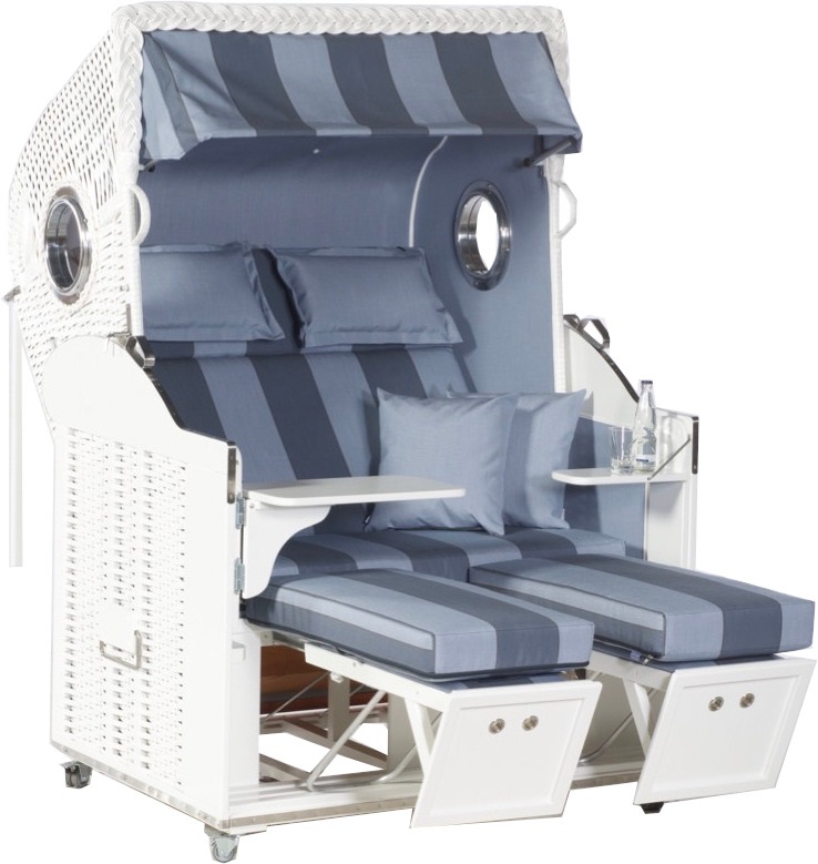 Sonnenpartner Gartenstrandkorb "Classic" 2-Sitzer, Liegemodell Kunststoffgeflecht weiß mit seitichen Bullaugen gefertigt mit Stoff Nr. 19 Oberkorbhimmel & Seitenteile uni jeansblau/ weiß 725