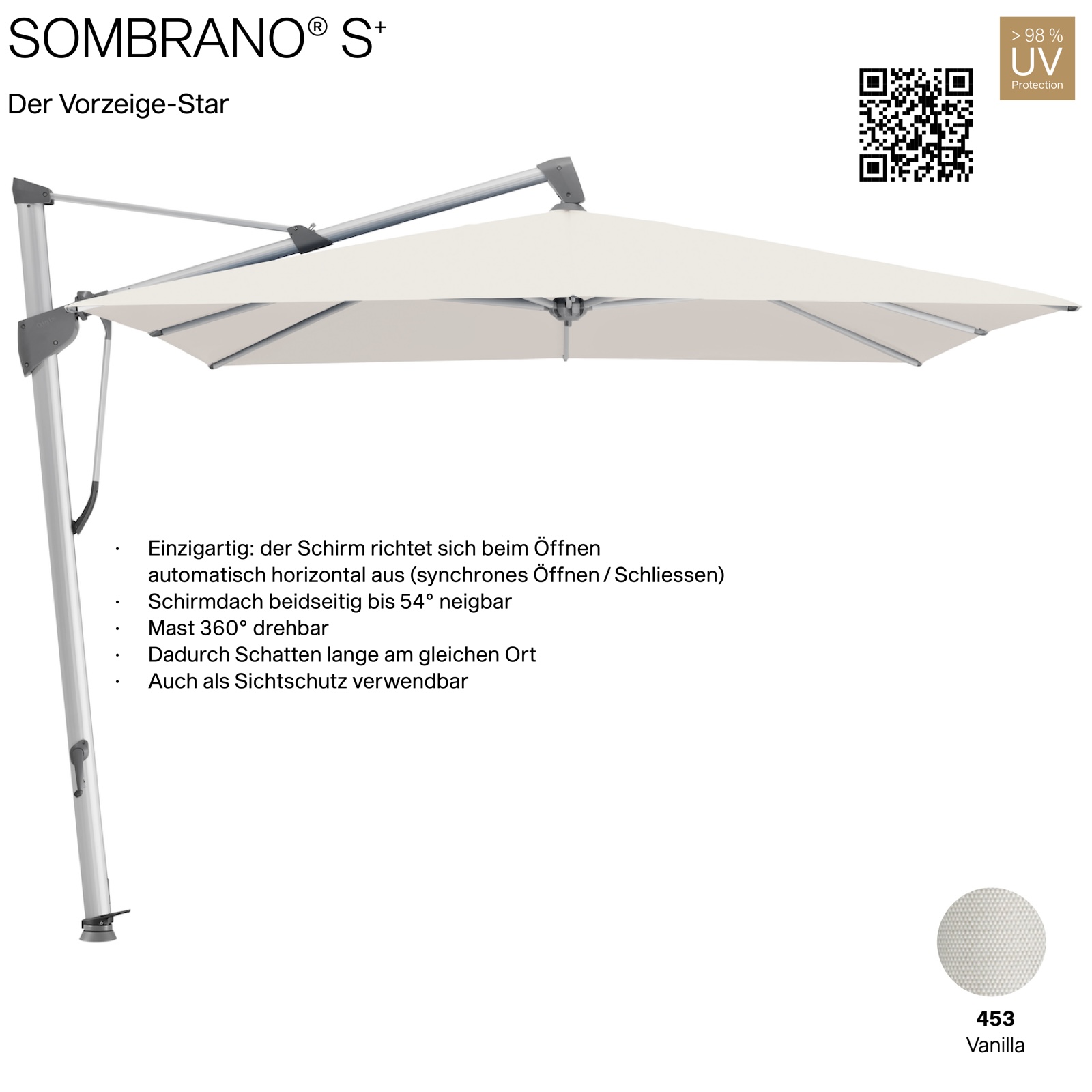 GLATZ Ampelschirm SOMBRANO® S+ quadratisch 350 x 350 cm Freiarmschirm Farbe 453 Vanilla