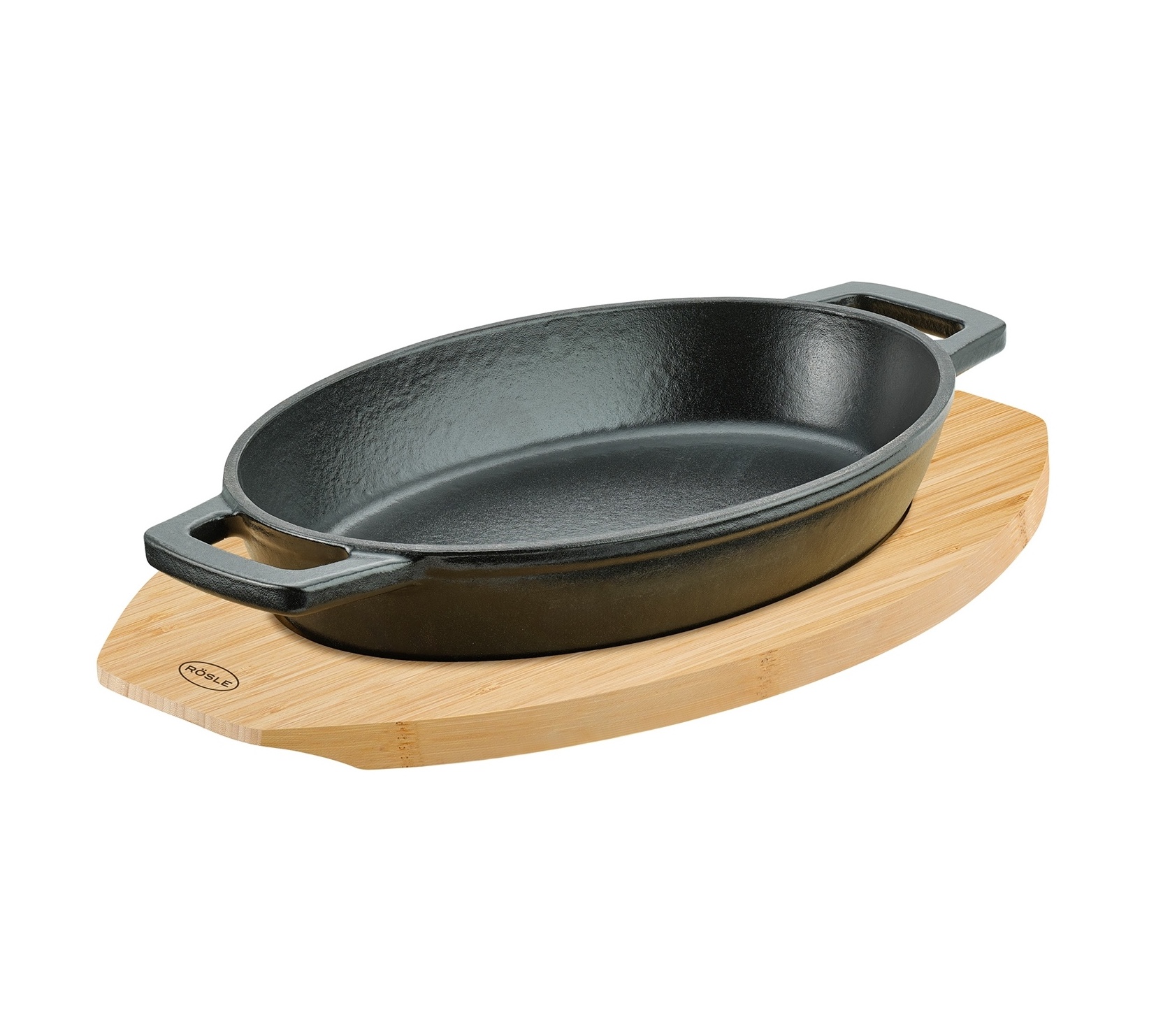 Rösle Servierpfanne Oval Gusseisen emailliert mit Bambusuntersetzer 251171