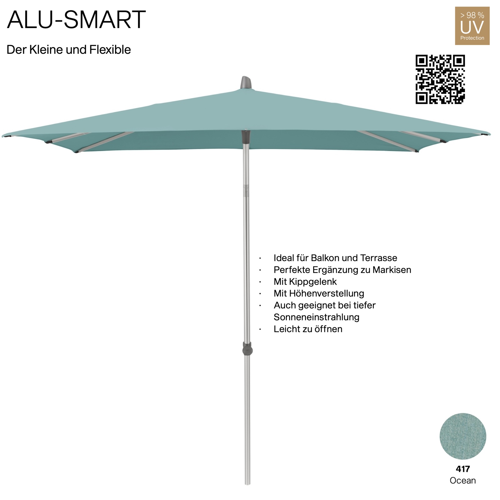 GLATZ Sonnenschirm ALU-SMART 240 x 240 cm Gestell natureloxiert Farbe 417 Ocean