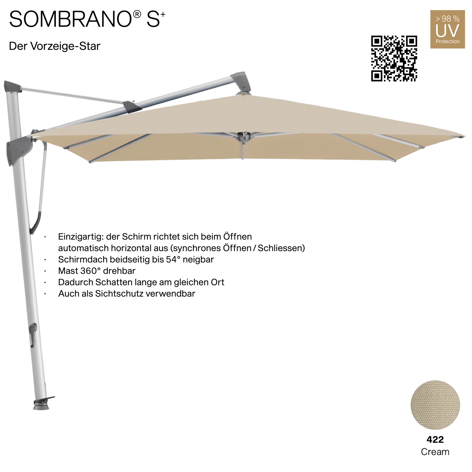 GLATZ Ampelschirm SOMBRANO® S+ quadratisch 300 x 300 cm Freiarmschirm Farbe 422 Cream