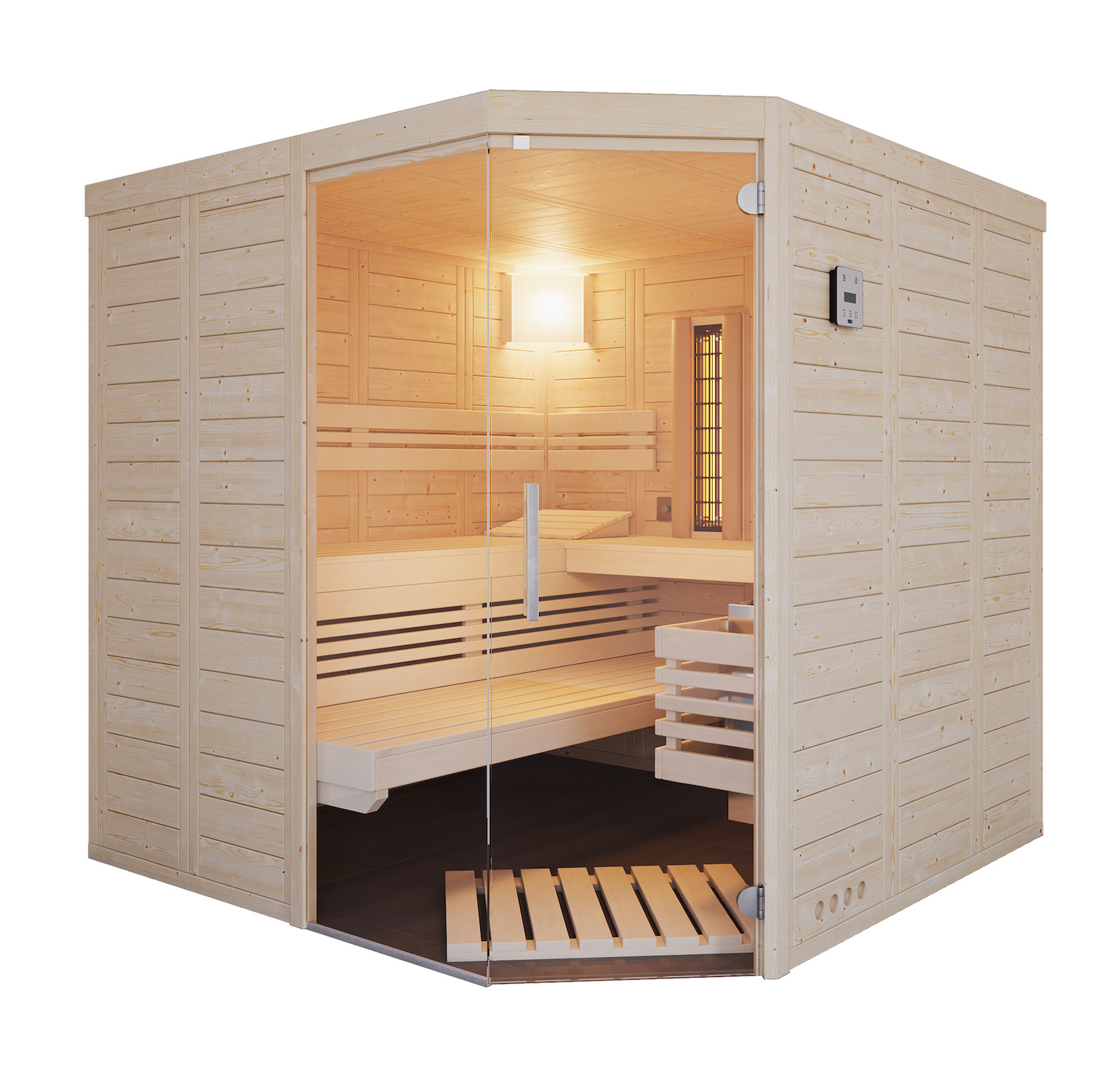 Infraworld Solido Complete 209 Ecke Sauna mit Infrarotstrahler 209x209x200 cm nordische Fichte