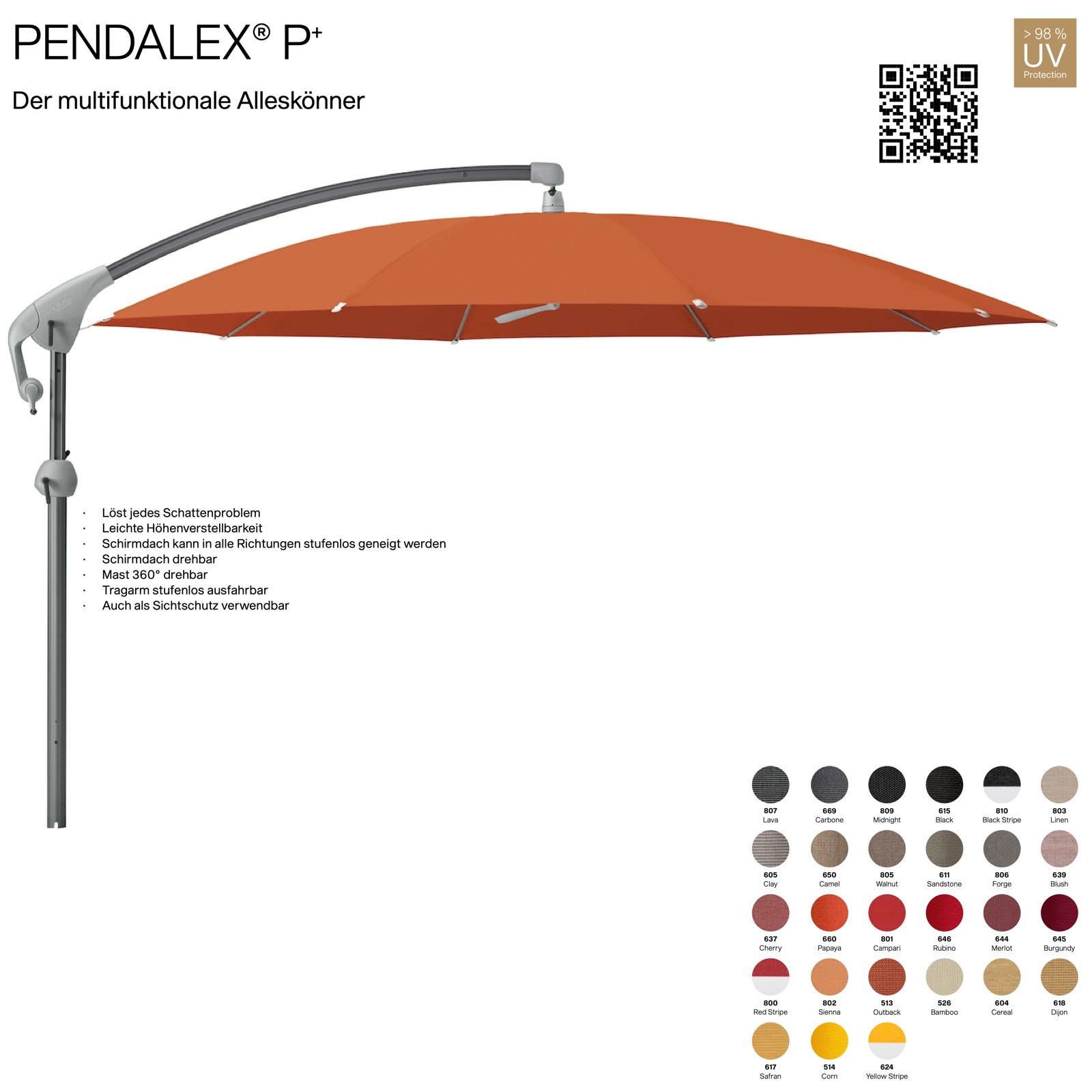 GLATZ Sonnenschirm PENDALEX® P+ rund ø 300 cm Stoffklasse 5 in 27 Farben wählbar Seitenmast