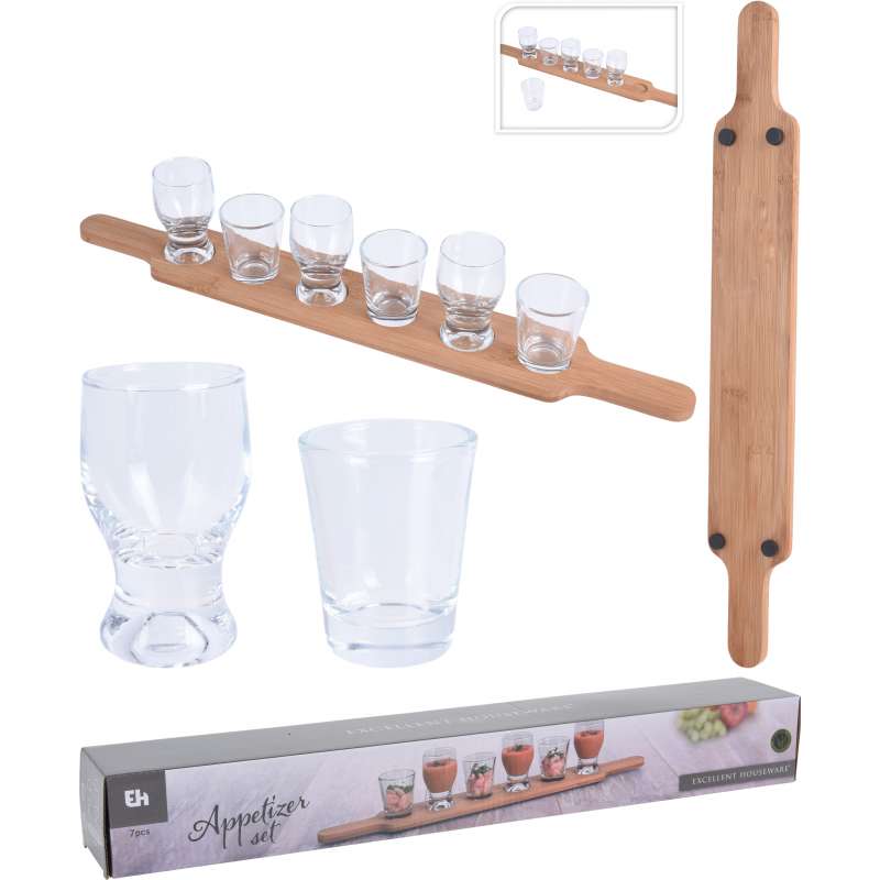 Servierbrett aus Holz mit 6 Gläsern Set für Getränke, Vorspeisen, Vorspeisen, Amuse-Bouche und Hors