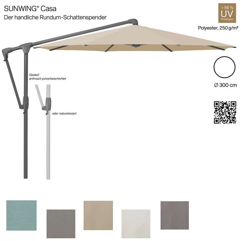 GLATZ Sonnenschirm SUNWING® CASA rund ø 300 cm 5 mögliche Farben Ampelschirm Stoffklasse 4