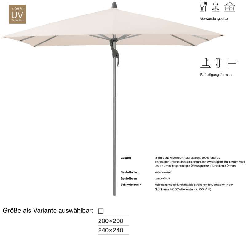GLATZ Sonnenschirm FORTINO® quadratisch 200 x 200 / 240 x 240 cm Stoffklasse 4 Vanilla 453 Mittelmas