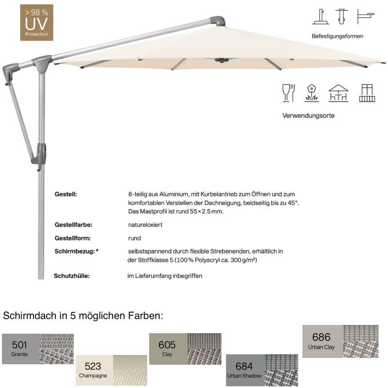 GLATZ Sonnenschirm SUNWING® CASA rund ø 330 cm 5 Farben Stoffklasse 5 Ampelschirm