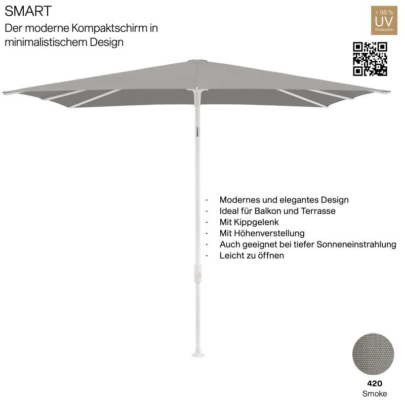GLATZ Sonnenschirm SMART quadratisch 240 x 240 cm Gestell matt weiss Stoff Farbe 420 Smoke Mittelmas