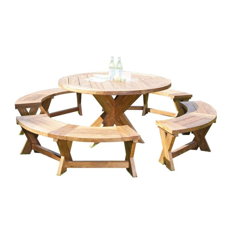 Sonnenpartner 5-teilige Sitzgruppe Quantum rund Ø 150 cm Teakholz Old Teak Gartenbank Esstisch