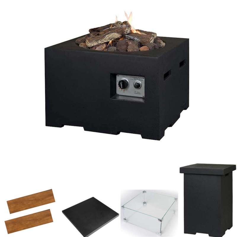 Happy Cocooning Mania Feuertisch Komplettset 12 kW quadratisch klein 60x60x40 cm Beton-Optik schwarz