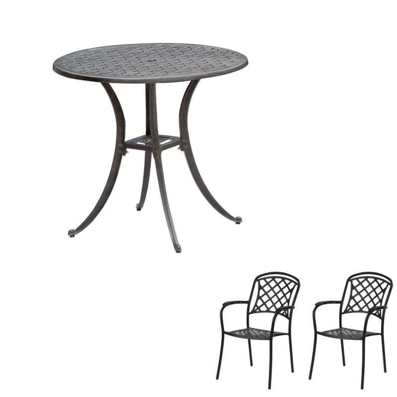 Inko 3-teilige Sitzgruppe Aluminium Guss bronze Tisch Ø 80 cm mit 2 Sesseln