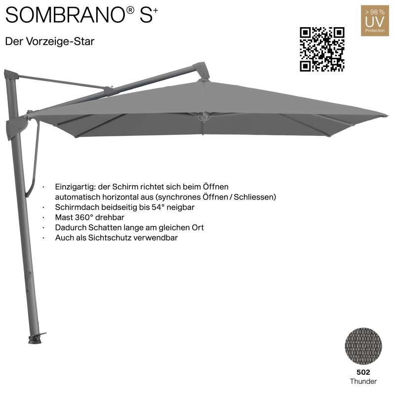 GLATZ Ampelschirm SOMBRANO® S+ quadratisch 300 x 300 cm Freiarmschirm Farbe 502 Thunder
