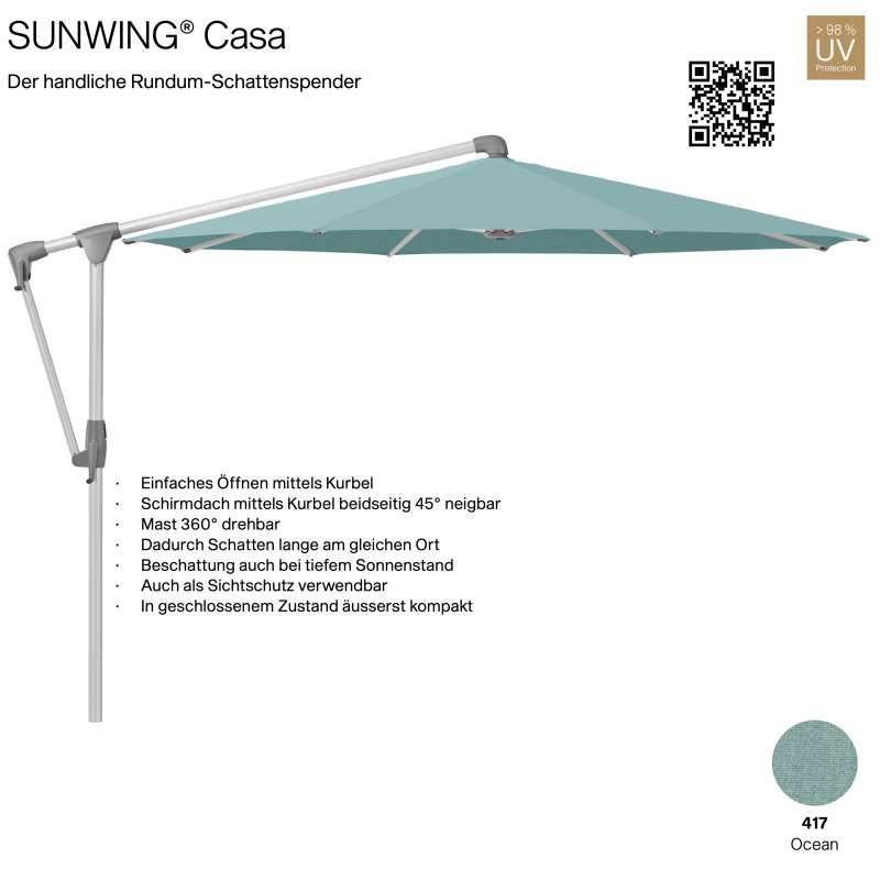 GLATZ Sonnenschirm SUNWING® CASA rund ø 300 cm Gestell natureloxiert Farbe 417 Ocean Ampelschirm