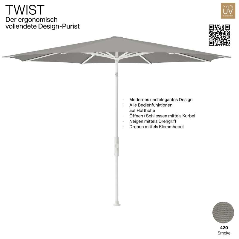 GLATZ Sonnenschirm TWIST rund ø 270 cm Gestell matt weiss Stoff Farbe 420 Smoke Mittelmastschirm