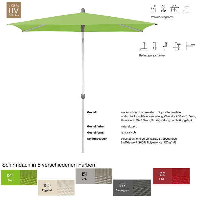 GLATZ Sonnenschirm ALU-SMART easy quadratisch 200 x 200 cm in 5 Farben Stoffklasse 2
