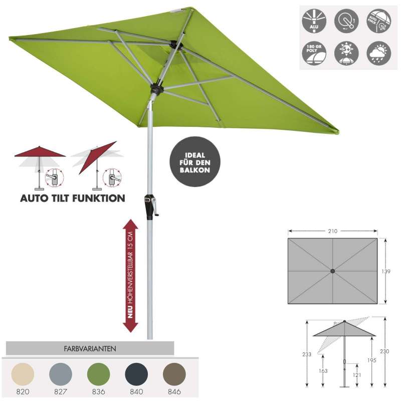 Doppler Active Auto Tilt 210 x 140 cm Sonnenschirm 5 Farben Balkonschirm Mittelmast 457460