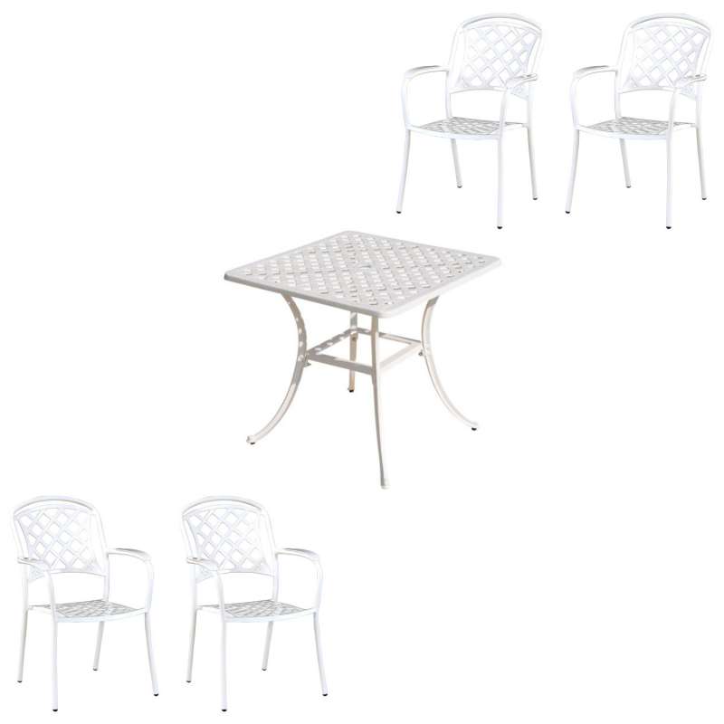 Inko 5-teilige Sitzgruppe Aluminium Guss weiß Tisch 80x80cm mit 4 Sesseln