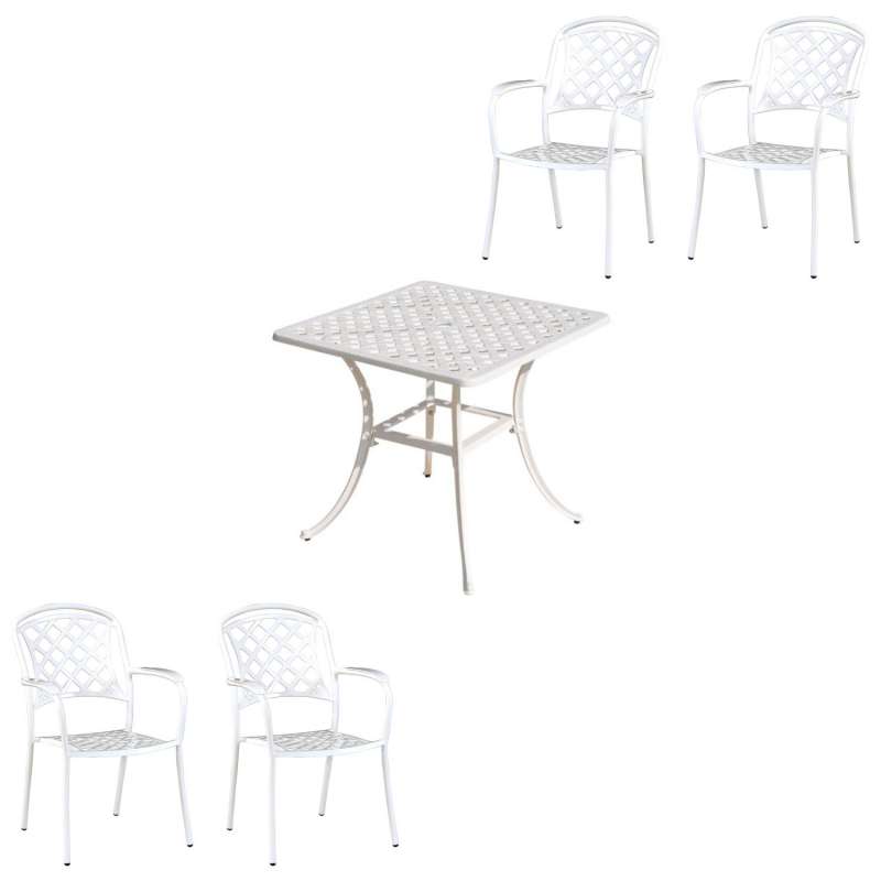 Inko Tisch-Set 1 Tisch 80x80cm 4 Sessel Aluminium Guss weiss Variante wählbar
