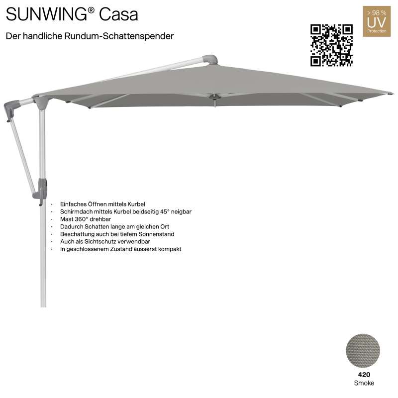 GLATZ Sonnenschirm SUNWING® CASA rechteckig 300 x 240 cm Gestell natureloxiert Farbe 420 Smoke Ampel